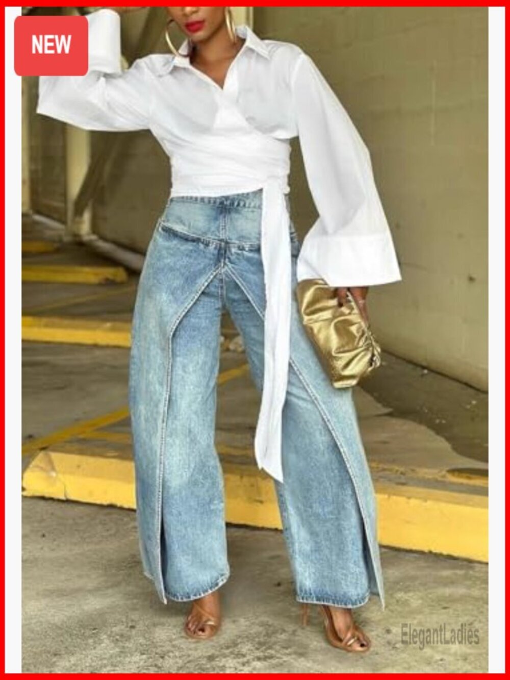 High Waisted Wide Leg Patchwork Jeans Distressed Split Hem Y2K - Picture 2 of 7